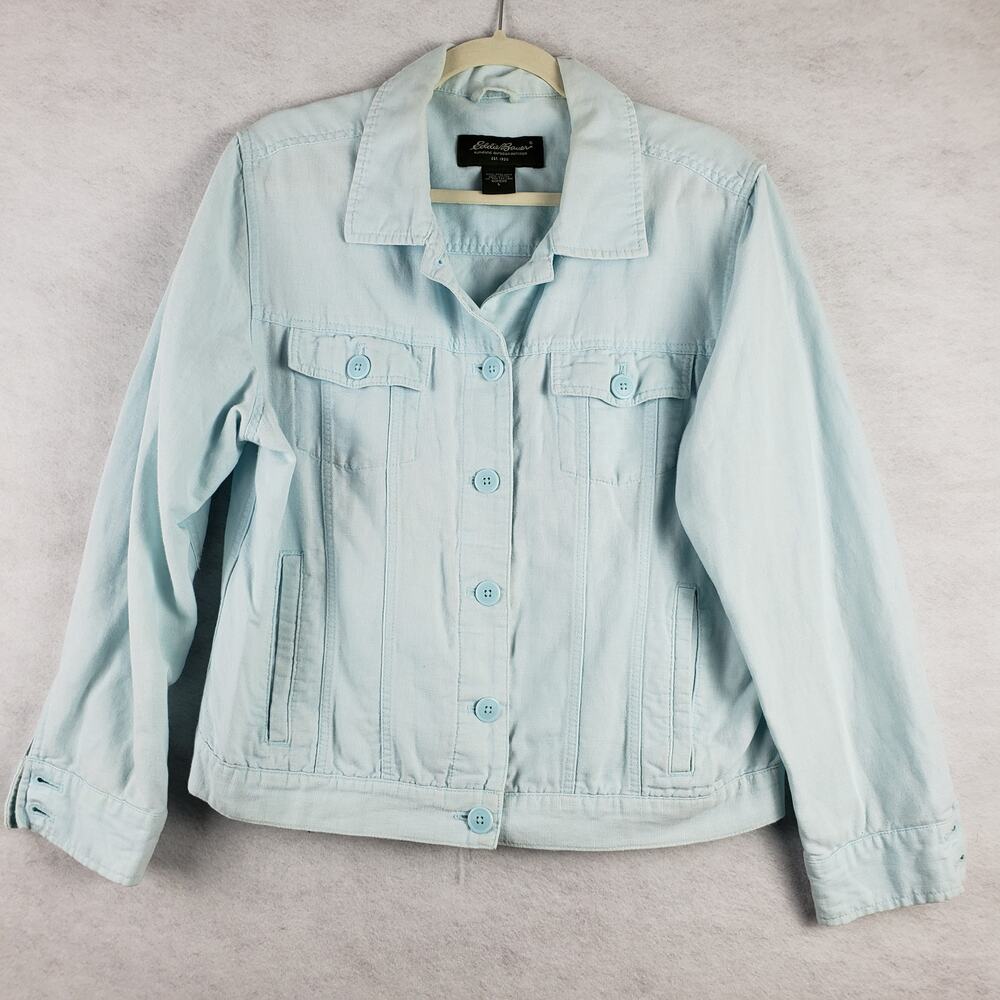 Earthy Girl Eddie Bauer Womens L‎ Denim Jacket Blue Linen Minimalist Staple